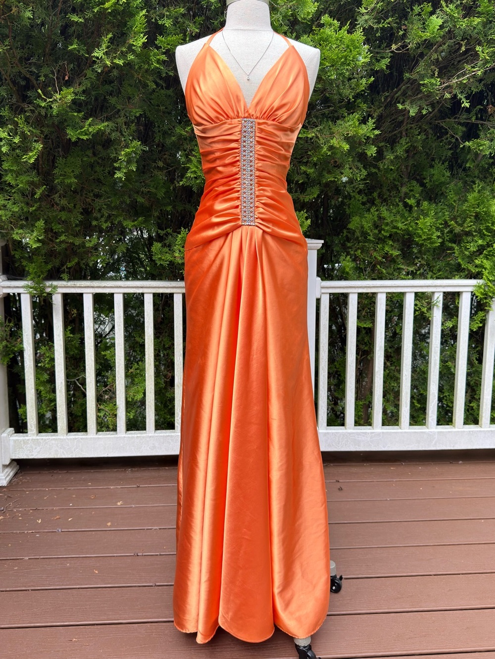 Vintage Y2K Orange Satin Evening Dress with Rhinestone Detail